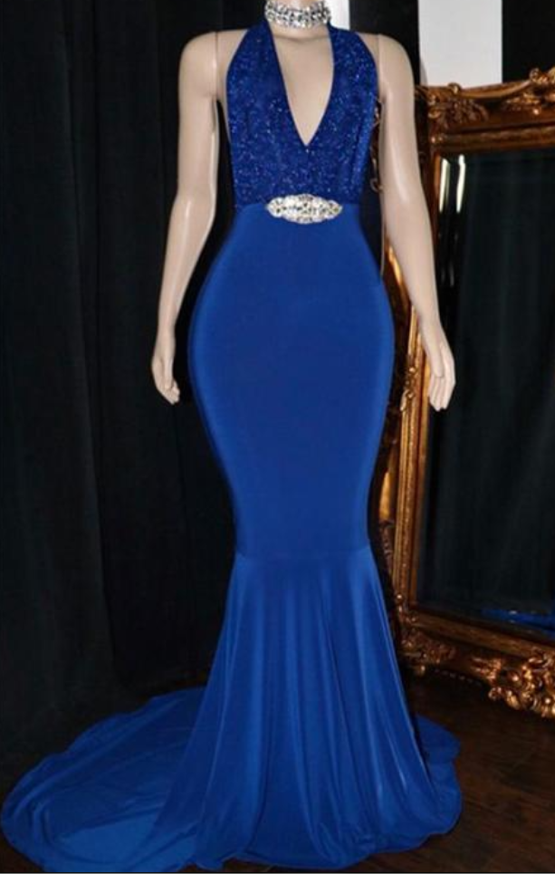 V-neck Sequins Prom Dresses | Elegant Crystal Backless Evening Dress