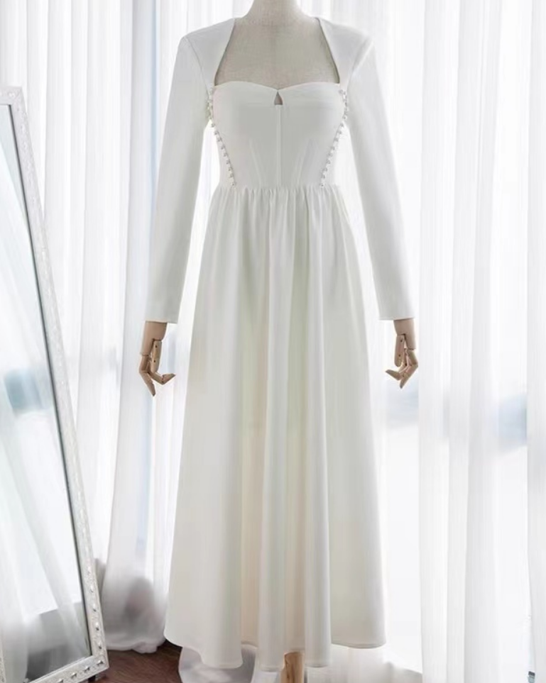 Vintage, Elegant, Hepburn Style, Beaded Dress, Light Bridal Gown, Long Sleeved Gown, Long Evening Dress,custom Made