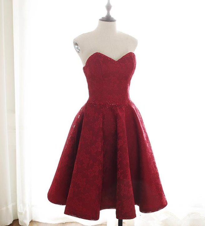 2022 Dark Red Lace Prom Dress Short Summer Party Dresses Lace With Beads Lace-up Back Evening Gowns