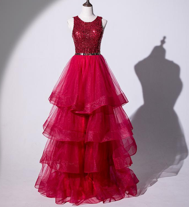Long Prom Dress Layers Tulle With Sequins Long Evening Dress With Sash