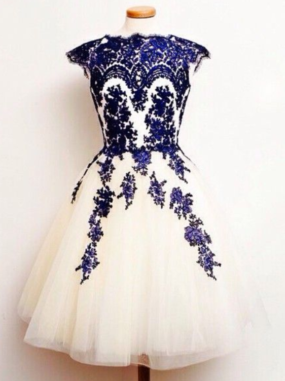 Lovely Short Tulle Round Neckline Knee Length With Blue Applique Prom Dress/evening Dress Lace Applique Details, Short Prom Dresses, Prom Dresses