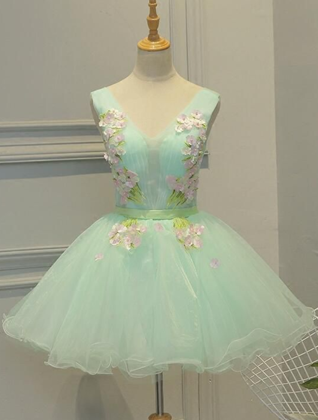 Lovely Light Green Tulle Floral Teen Party Dresses, 16 Party Dresses
