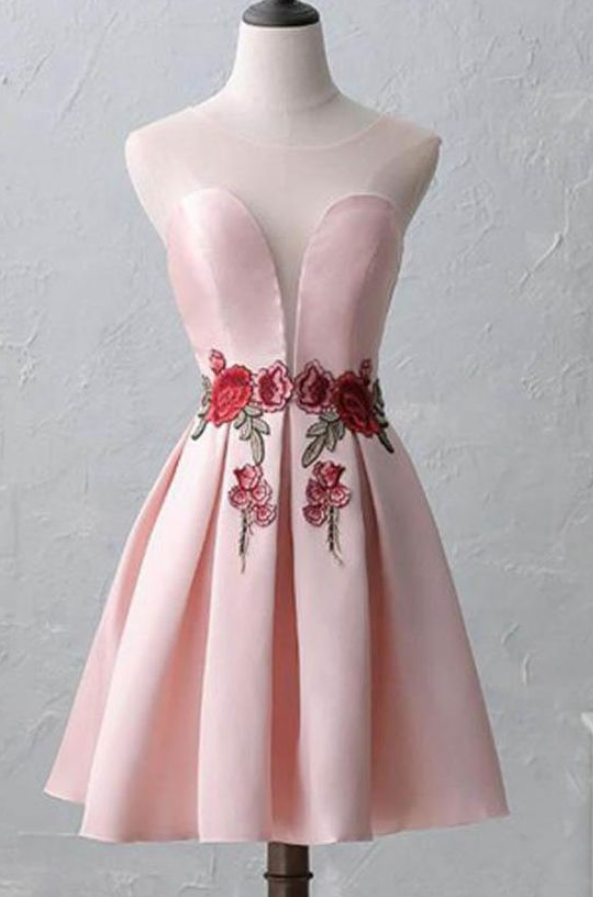 Cute Illusion Scoop Pink Short Homecoming Dresses