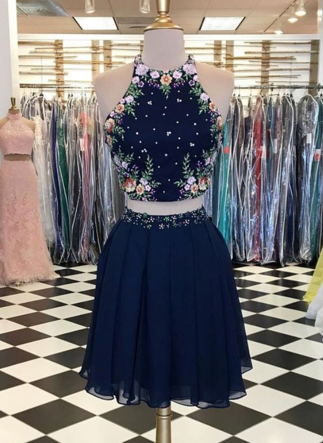 Navy Blue Chiffon Two Pieces Strapless Short Embroidery A Line Prom Dress