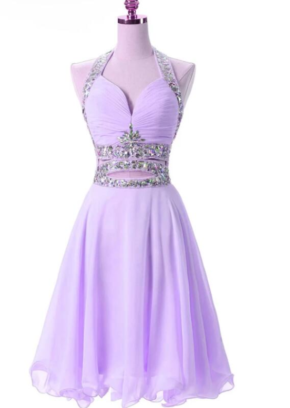 Beautiful Lilac Chiffon Halter Beaded Short Prom Dress, Homecoming Dresses  For Party on Luulla