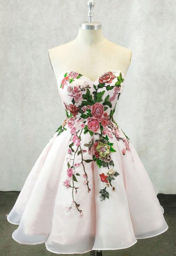Light Pink Organza Floral Sweetheart Party Dress, Short Homecoming Dresses 2019