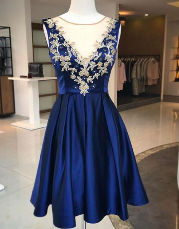 Cute Blue Round Neck Applique Homecoming Dress,a Line Homecoming Dresses