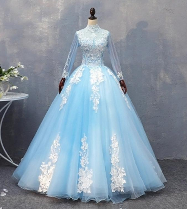 Princess Long Sleeve High Neck Appliques Beading Ball Gown Quinceanera Dresses Sweet 16 Dresses Debutante 15 Year Party Dress