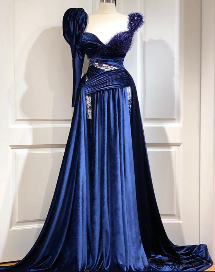 Royal Blue Evening Dresses 2020 Lace Velvet Long Sleeves Arabic Prom Party Dresses Formal Gowns Vestido De Noiva