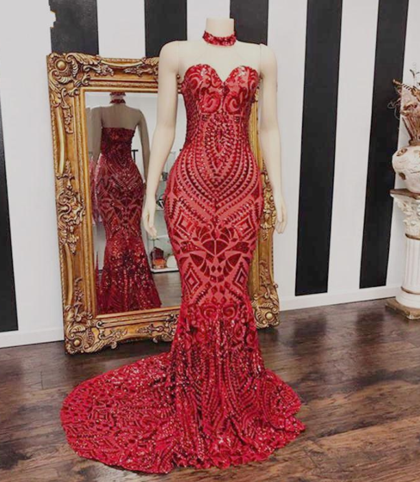 Modern Long Red Mermaid Prom Dresses 2020 Sweetheart African Women Black Girl Sequin Evening Dress Custom Made