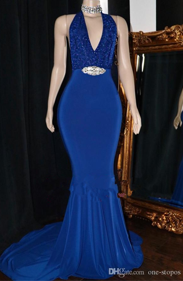Royal Blue Mermaid Prom Evening Dresses Sexy Backless Crystal Sash Formal Party Gown Plus Size Pageant Dresses Custom Made