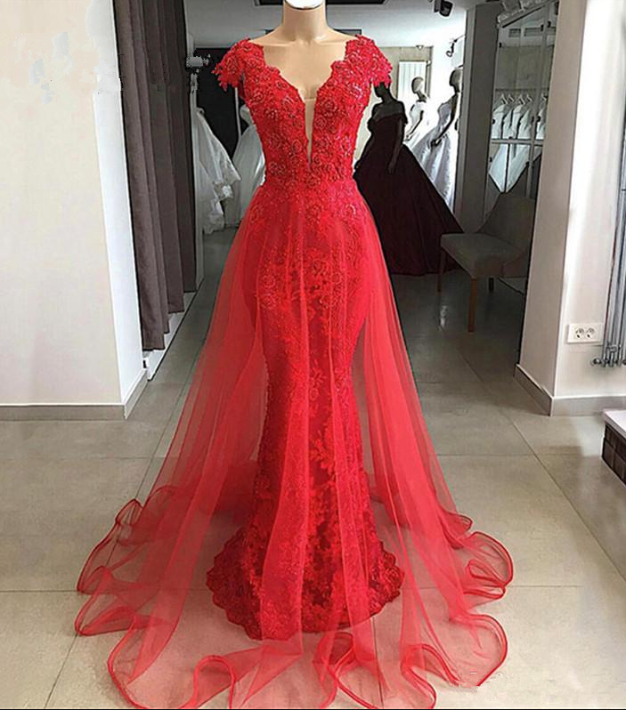 African Red Full Lace Mermaid Prom Evening Dresses Lace Appliqued Formal Party Gown Plus Size Pageant Dress For Black Girl