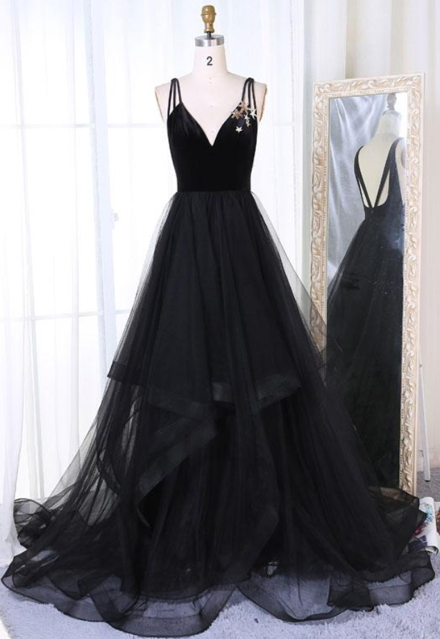 Simple Black Tulle V Neck Long Prom Dress, Black Evening Dress