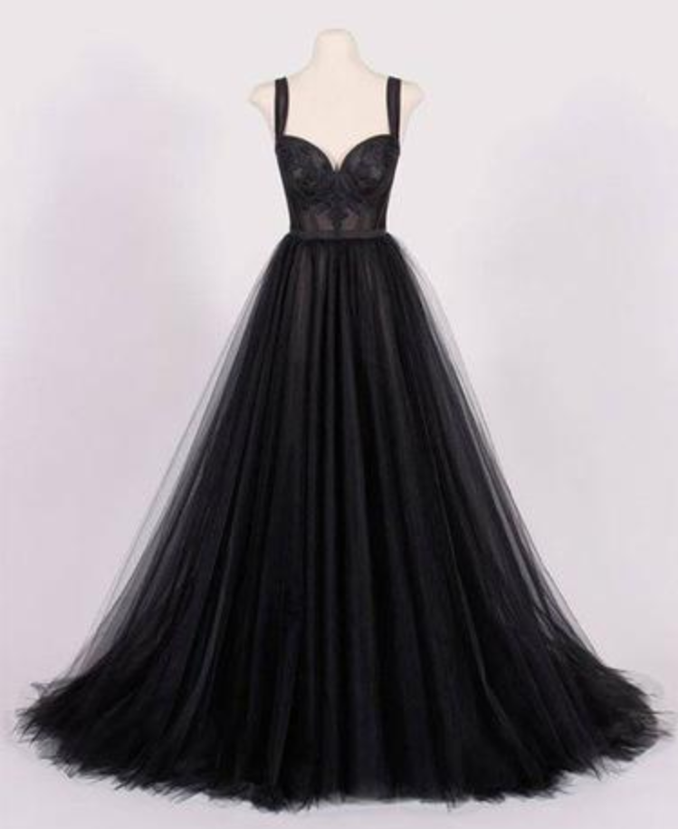 Newest Black Sweetheart Neck Tulle Prom Dress,black Evening Dress