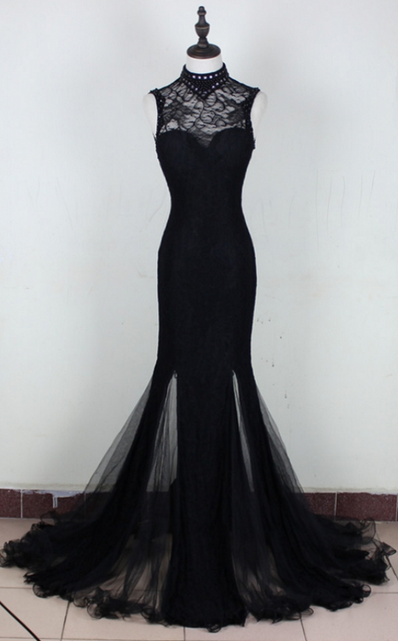 Black Evening Dress, Sexy Sleeve Tulle Mermaid Prom Dress, Formal Prom Dresses