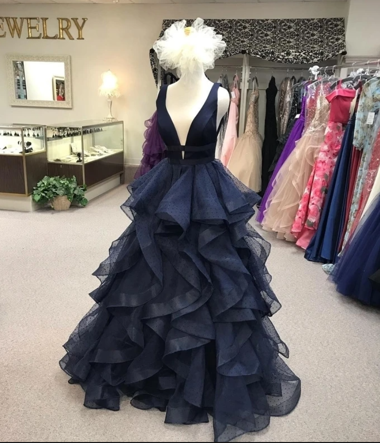 Navy Prom Dress,tulle Prom Gown,v-neck Evening Dress,a-line Prom Gown
