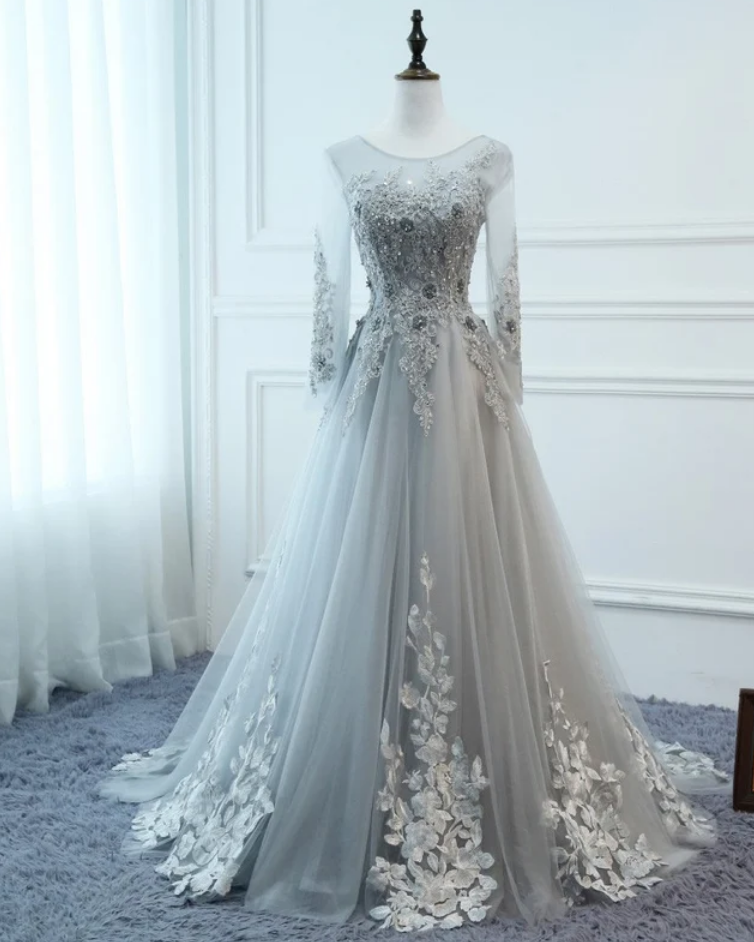 Prom Dresses Long Long Sleeve Evening Dresses Floral Tulle Appliques Dress A-line Women Formal Party Gown Fashionable Bride Gown
