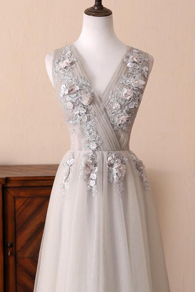 Gray Tulle Long V-neck Evening Dress, Lace Formal Prom Dress