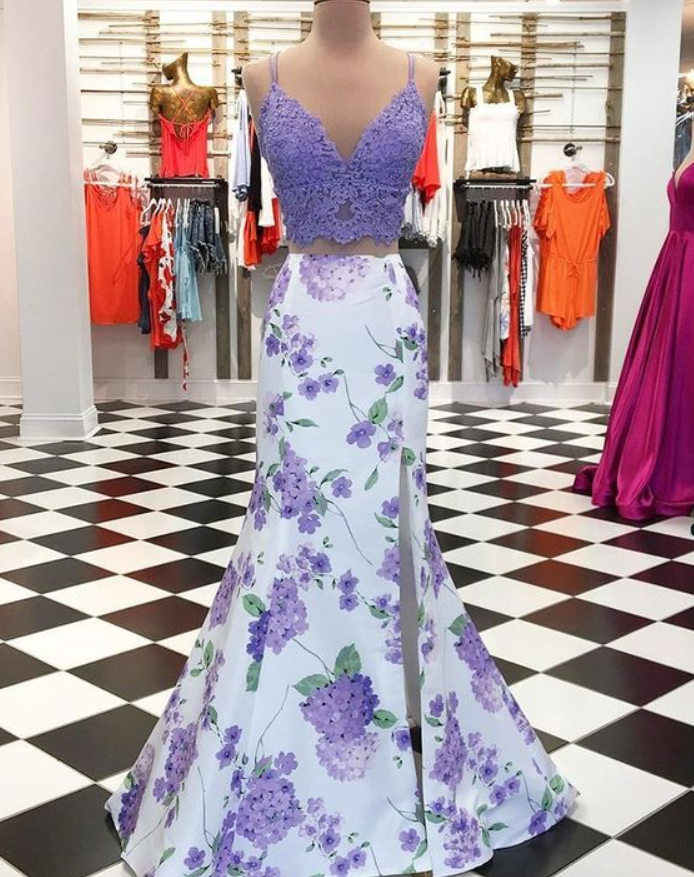 Spaghetti Straps Two Piece Purple Mermaid Slit Prom Dress With Floral Print Skirt
