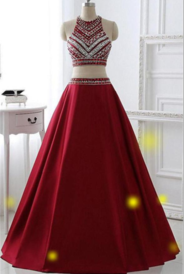 Two Piece Burgundy Prom Dress A Line High Neck Rhinestones Evening Dresses Party Gowns