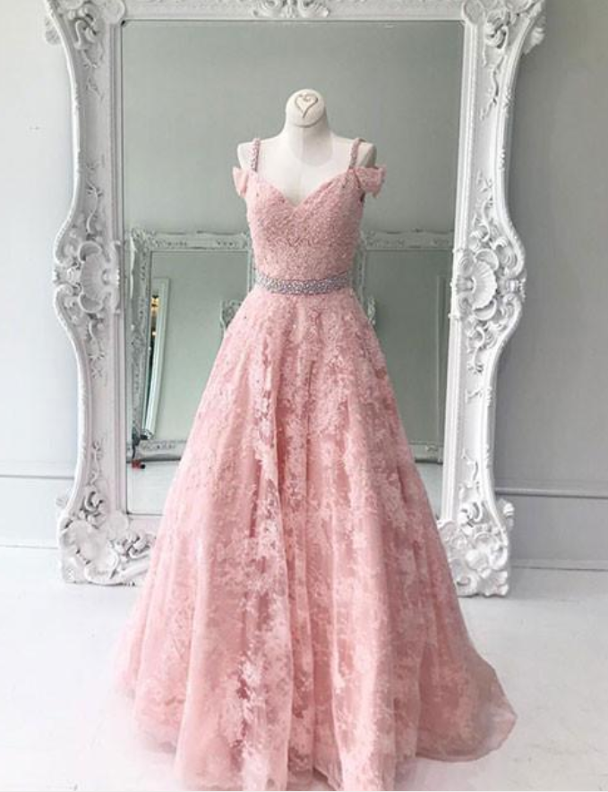 Elegant A-line Prom Dresses,beaded Prom Dresses,pink Prom Dresses,lace Prom Dresses,long Evening Dresses,party Dresses