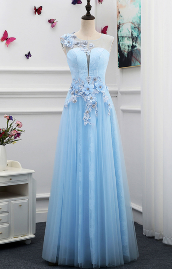 Prom Dresses, Fashion Prom Dresses,unique Light Blue Tulle Floor Length 3d Flower Halter Formal Prom Dresses