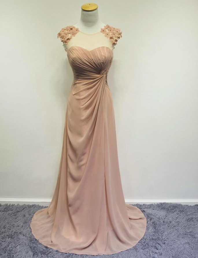 Beautiful Pearl Pink Flowers Detail Bridesmaid Dress, Slit Long Bridesmaid Dresses, Chiffon Formal Dress
