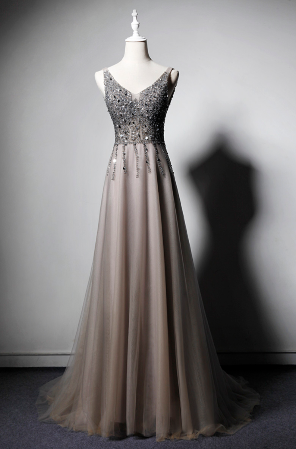 Beautiful Champagne Tulle Beaded Top Long Prom Dress, Party Gown