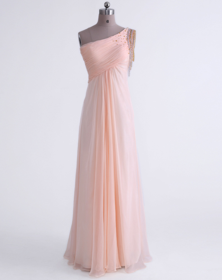 Elegant One Shoulder Pearl Pink Floor Length Chiffon Bridesmaid Dresses With Beadings, Handmade Prom Dresses, Occasion Dresses, Formal Dresses