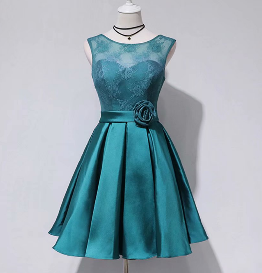 Homecoming Dresses A-line Lace Short Length Empire Teal Satin Bridesmaid Dress With Flower