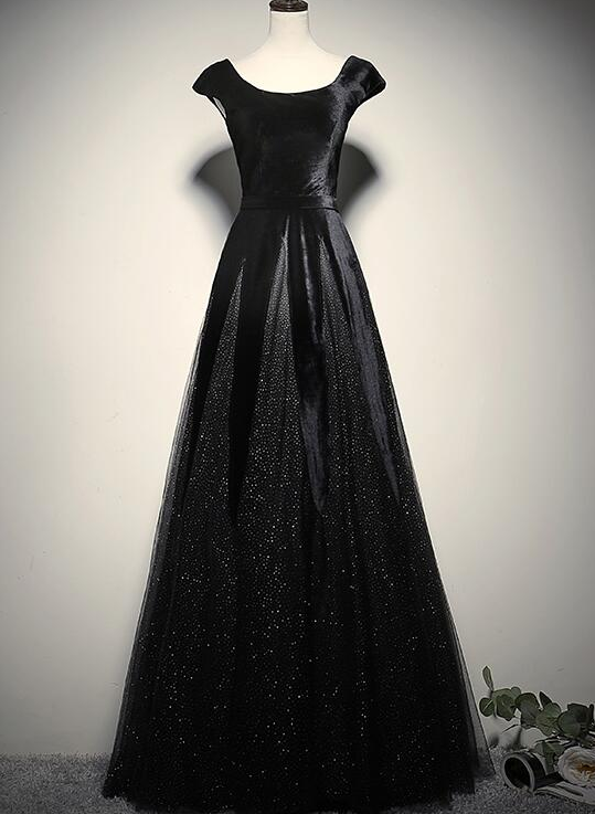 Elegant Black Velvet Cap Sleeves Evening Dress, Black Prom Dress.