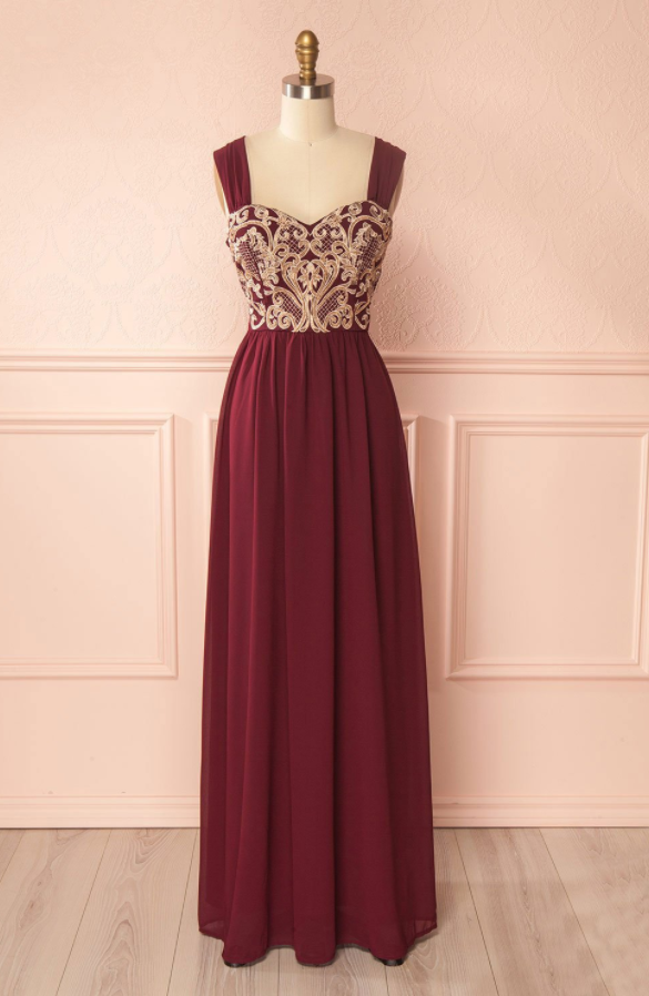 Simple Burgundy Chiffon Embroidery Long Prom Dress,burgundy Evening Dresses
