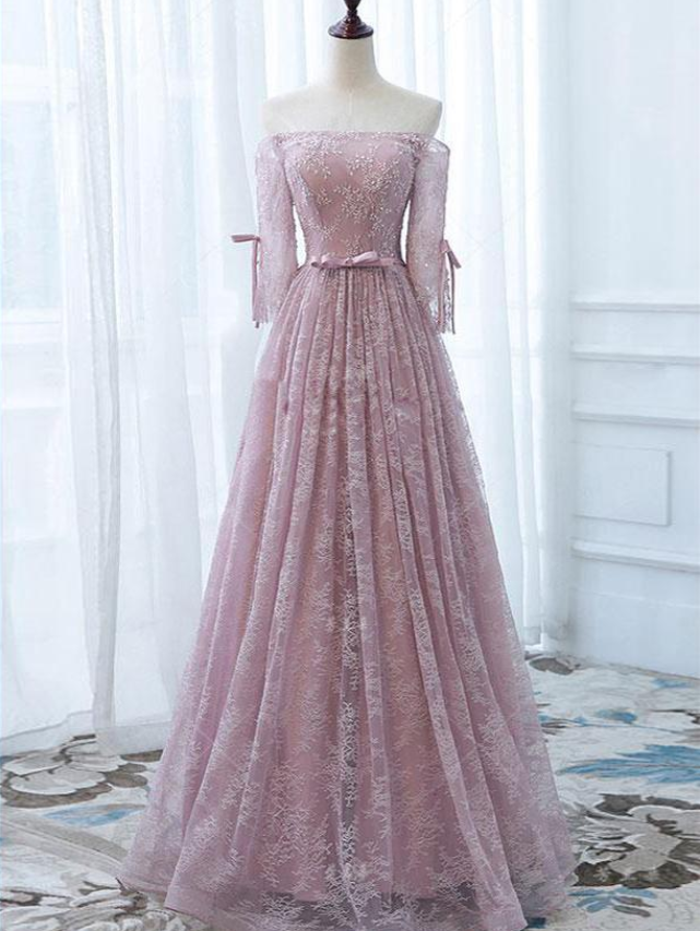 A-line Off-the-shoulder Tulle Pink Lace Prom Dress Evening Dress