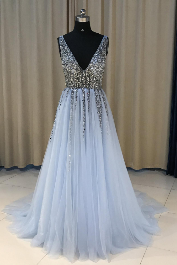 Beautiful V Neck Open Back Blue Prom Dresses, Sexy Sparkle Evening ...