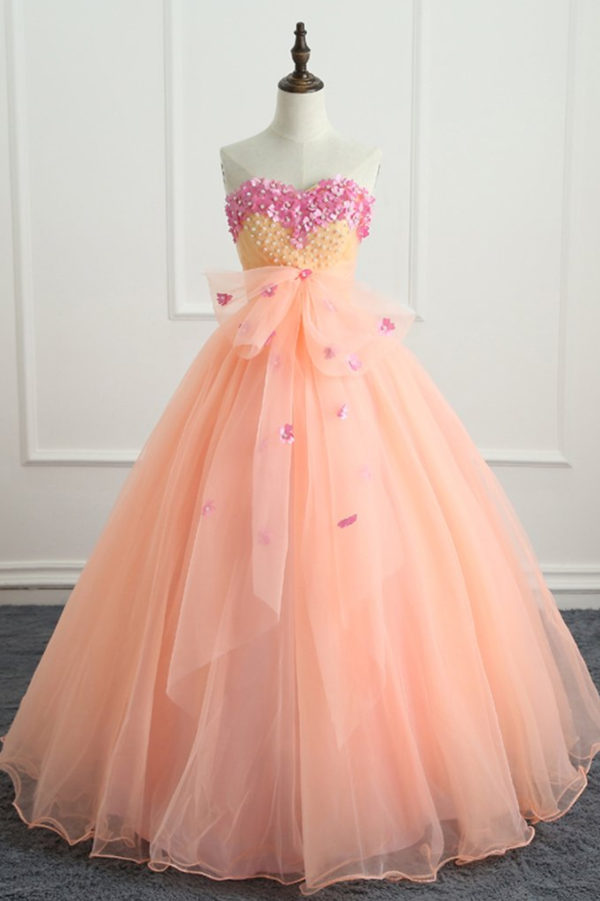 Cute Peach Pink Sweetheart Long Prom Dress For Teens, Party Dress With Applique