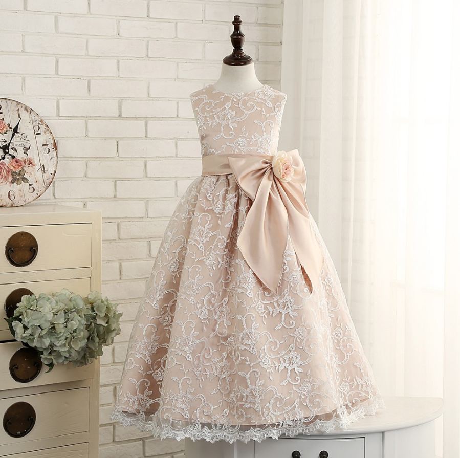 Vintage Lace Flower Girls Dresses Dancing Party Dress Birthday Bow Custom Communion Girls Pink Dress With Bow