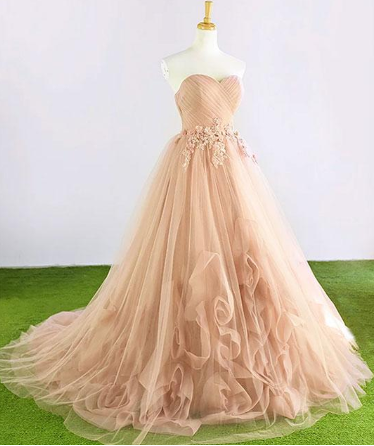 Champagne Tulle Prom Dresses, Gorgeous Lace-up Sweetheart Party Dresses, Long Prom Dresses