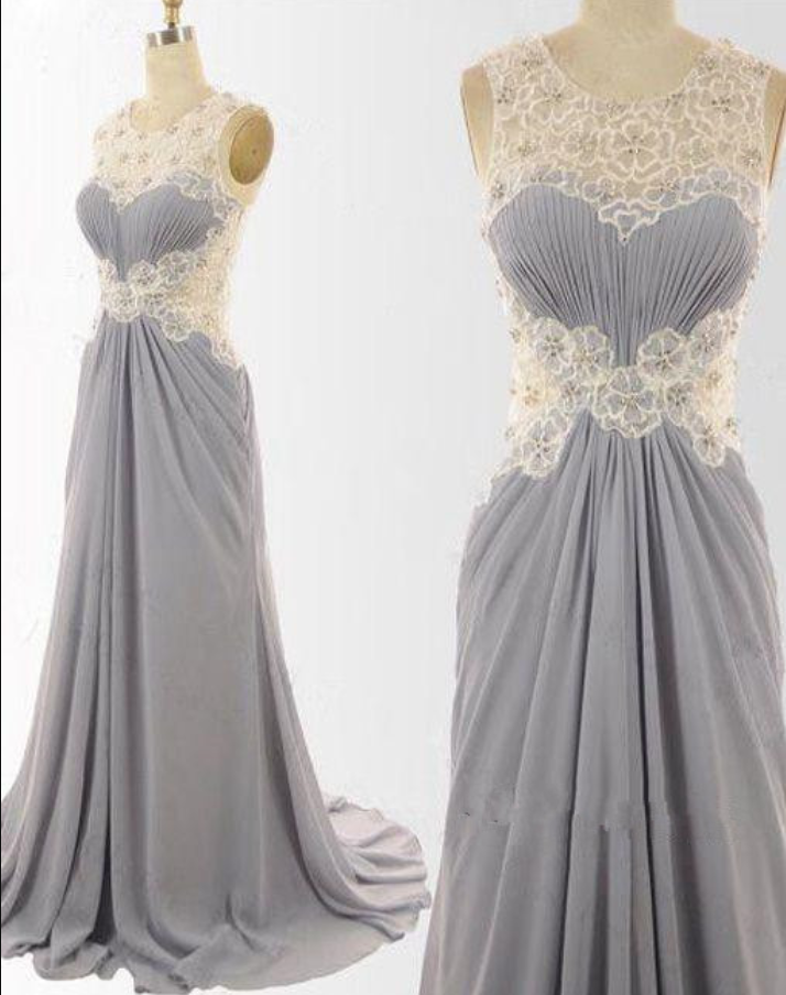 Elegant Grey Long Chiffon Prom Dresses, Grey Wedding Party Dresses With Lace Detail, Party Dresses