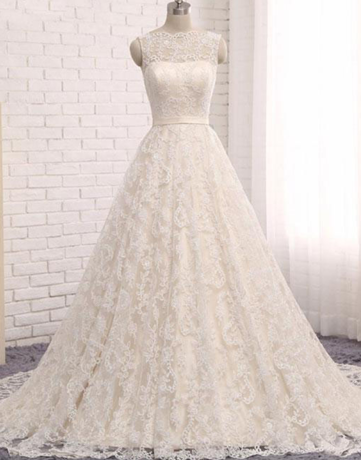 Custom Made A Line Lace Tulle Long Wedding Dresses,backless Scoop Ivory Sleeveless Bridal Dress,wedding Dresses