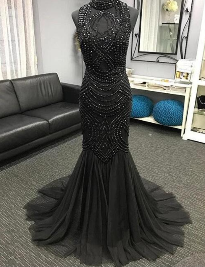 Sexy High Neck Black Beaded Sheath Long Prom Dresses Custom Made Women Party Gowns , Long Evening Dresses