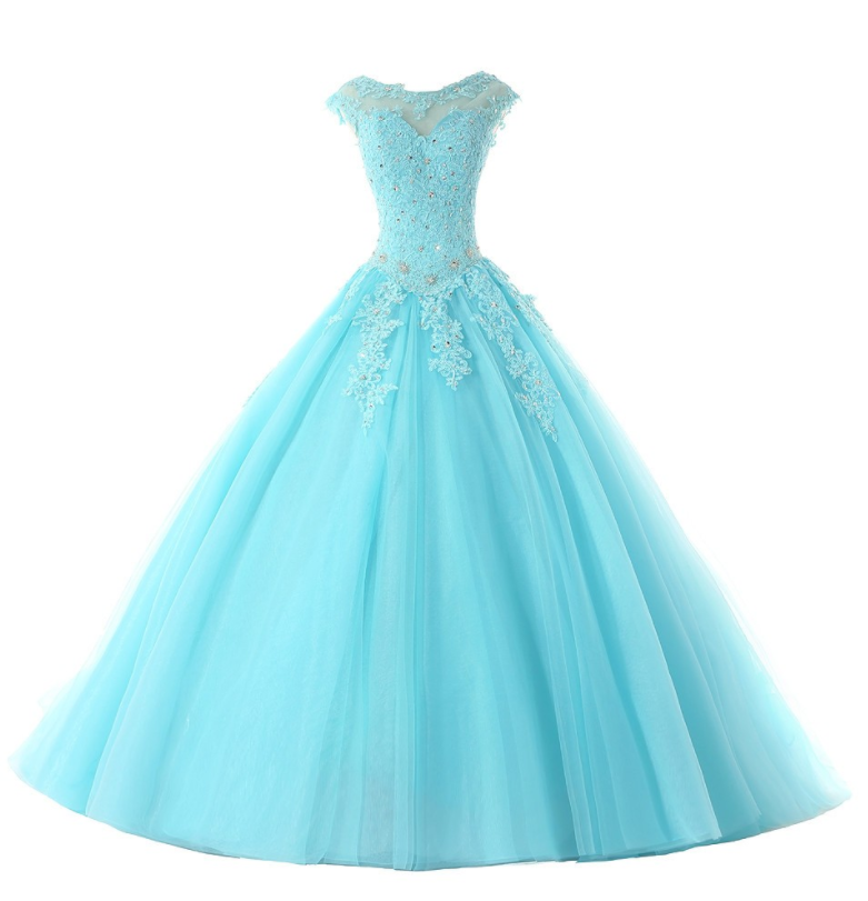 Elegant Blue Ball Gown Quinceanera Dress , Tulle Appliques Beaded Lace-up Sweet 16 Dresses