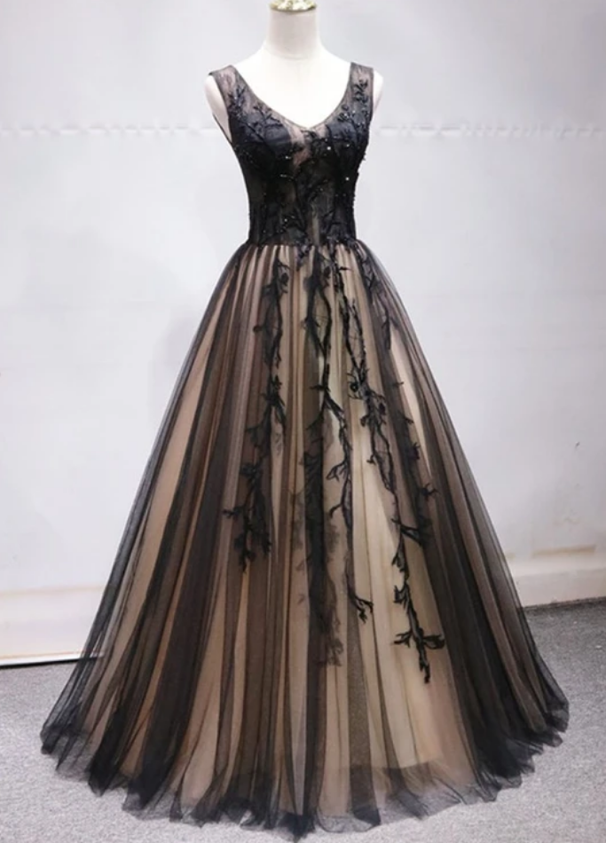 Prom Dresses Tulle V Neck Long Lace Applique Evening Dress, Prom Dress