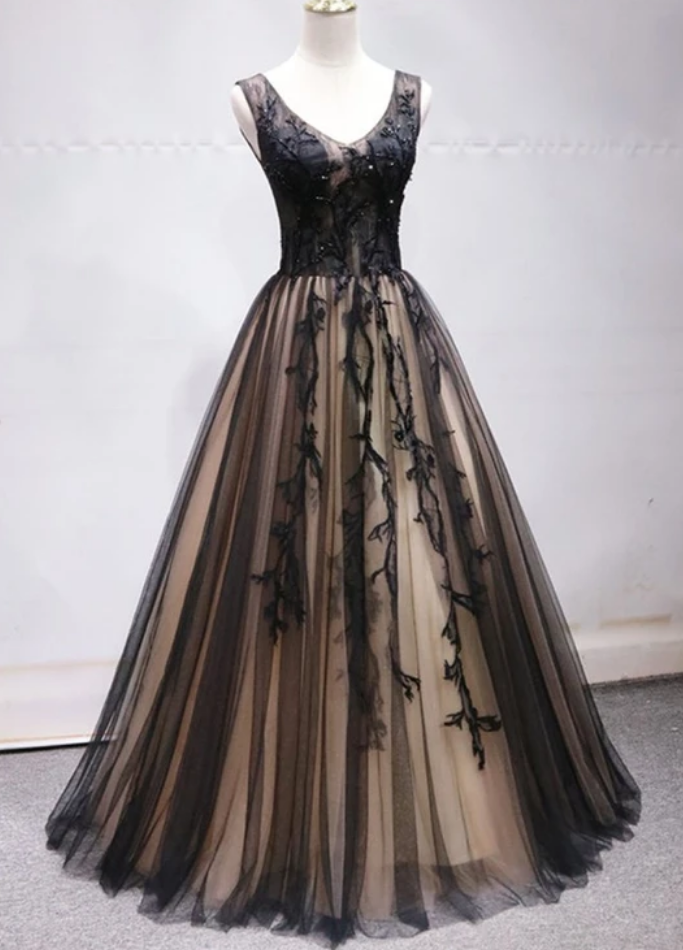 High Quality Tulle V-neclike Long Prom Dress, Lace Applique Straps Party Dress
