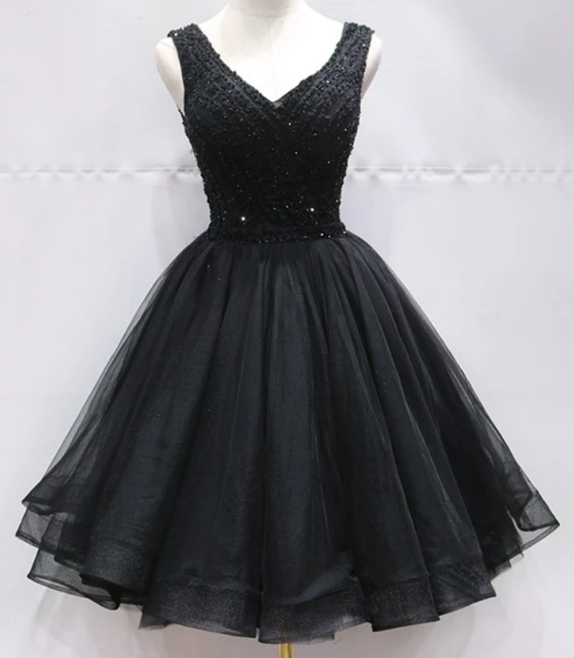 Homecoming Dresses Black Tulle Lace Mini Prom Dress, Beaded Lace Up Homecoming Dress