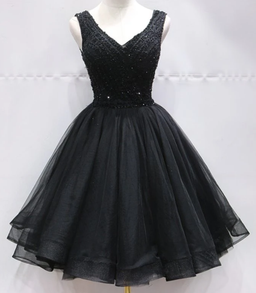 Dance 6th Grade Cute Prom Dresses For Middle School Homecoming Dresses  Black Tulle Lace Mini Prom Dress, Beaded Lace Up Homecoming Dress