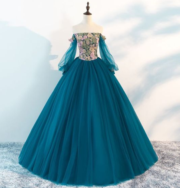 Princess Off-the-shoulder Long Sleeve Appliques Lace Floor-length Prom Dress