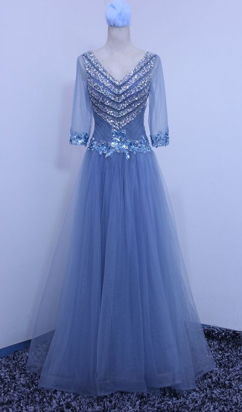 Beautiful Blue 1//2 Sleeves Beaded Tulle Evening Dress, Handmade Formal Dresses