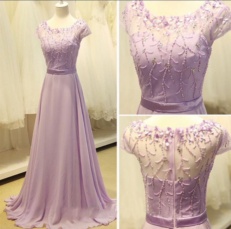 Long O-neck Appliques Prom Dresses,purple A Line Party Dresses,elegant Chiffon Evening Dress
