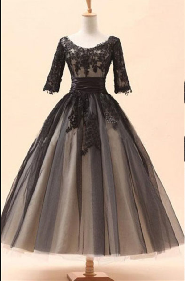Lace Prom Dress, Black Prom Dress, Tea-length Prom Dress, Vintage Prom Dress, Party Prom Dress, Prom Dress Gown, Evening Dress