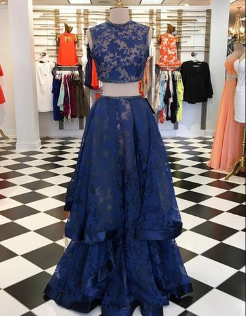 Two Pieces Long Dark Blue Lace Prom Dress, Dark Blue Evening Dress